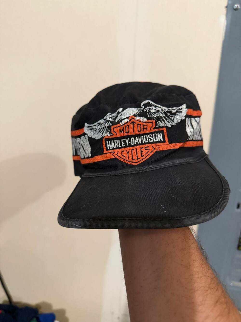 90s Vintage Harley Davidson Eagle Graphic Painters Cap Hat Black Orange